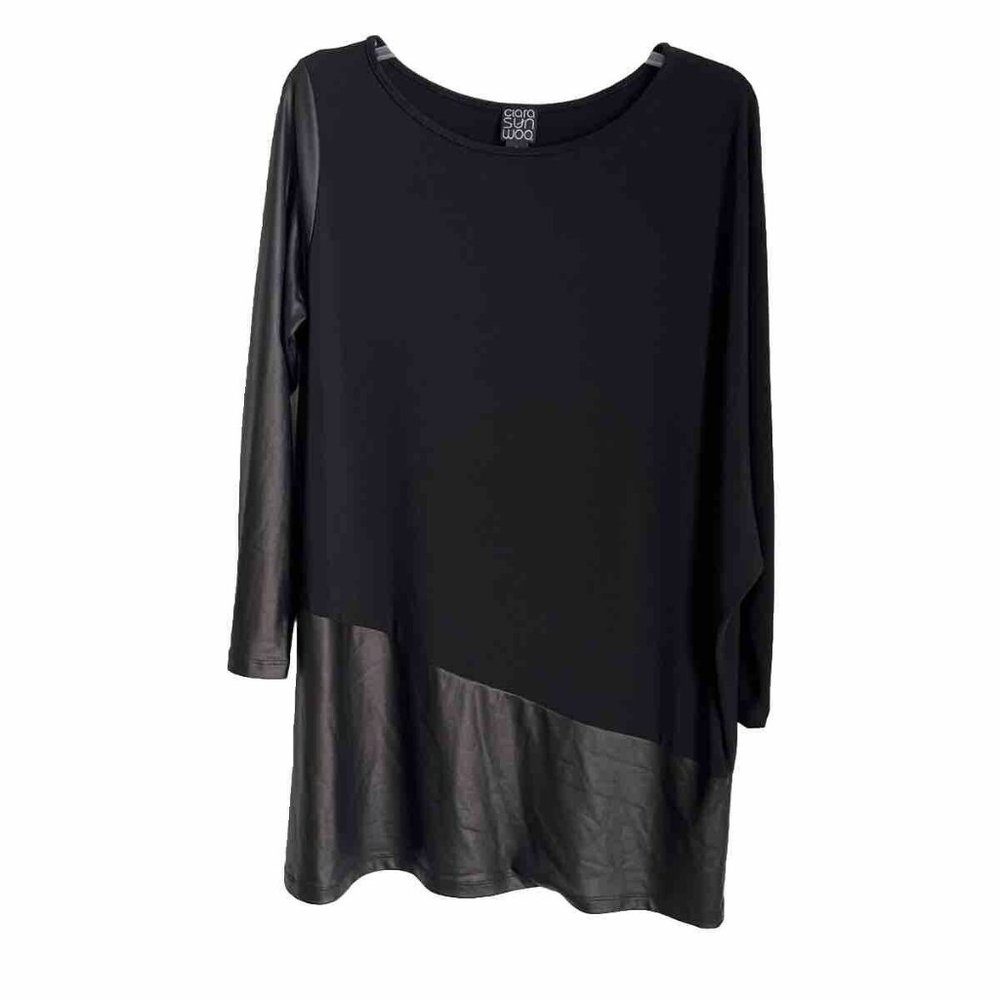 Clara Sun Woo Black Vegan Liquid Leather Asymmetrical Tunic Top